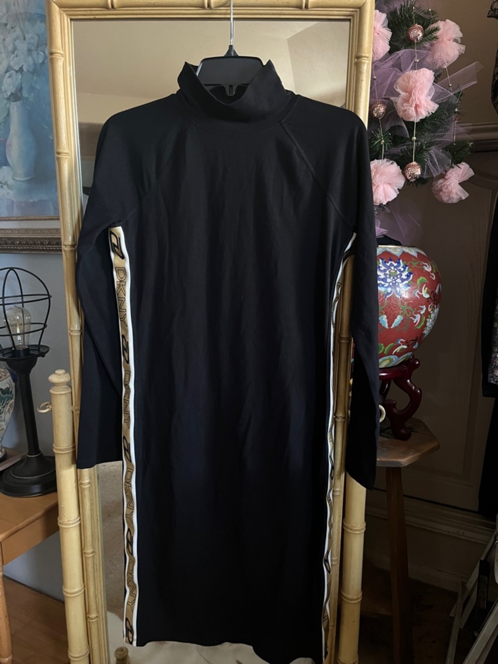 DKNY Black Long Sleeve Turtleneck Dress with Gold-Trim Side Panels